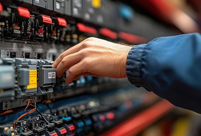 Electrician working on a distribution board during an EICR in Bedford