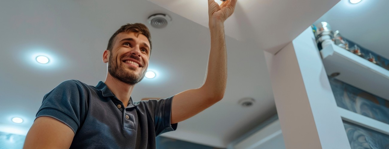 Electrician installing a ceiling light fitting in a modern home