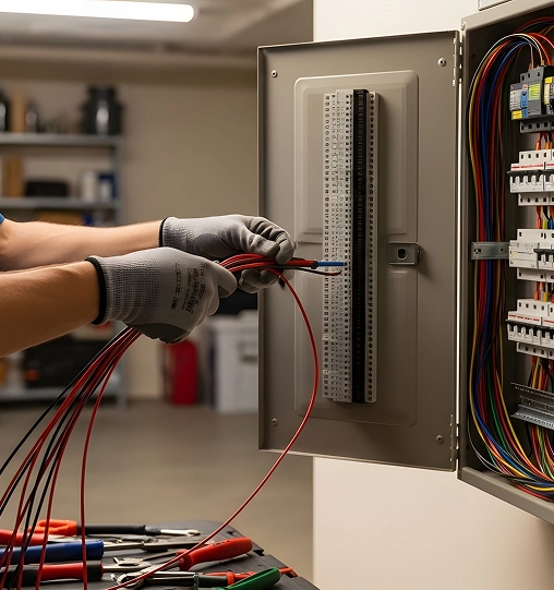 Electrician testing a domestic consumer unit for a landlord electrical safety check