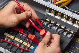 Electrician working on circuit breakers in a consumer unit