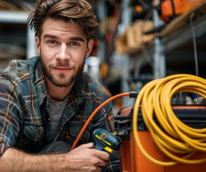 Electrician with extension reels and test equipment ready for PAT testing